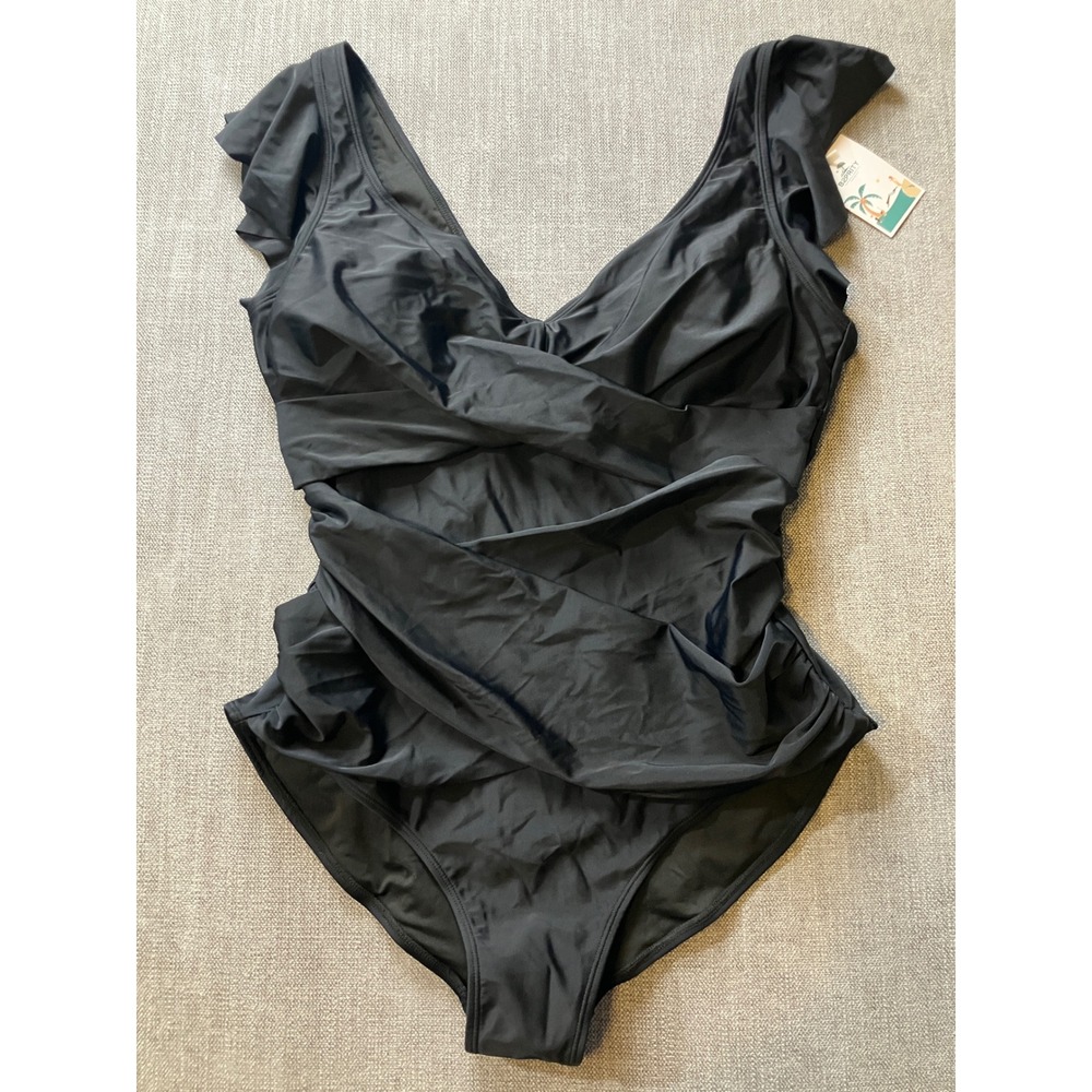 B2PRITY Womens Ruffle One Piece‎ Swimsuit Black V Neck Monokini XL NEW